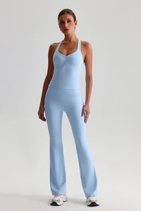 Women Cross Back Yoga Set: High Waisted No Pleat Seam Micro Wide Leggings + Pleated Crossover Camisole Bra