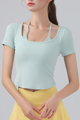 Women's Fake Two Piece Halter Tie Cropped Sports T-shirt