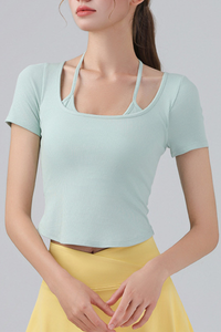 Women's Fake Two Piece Halter Tie Cropped Sports T-shirt