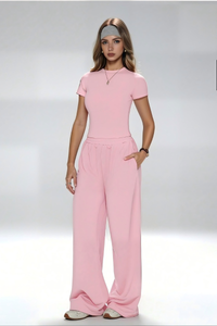 Women's Short-sleeved top paired with wide-leg pants set
