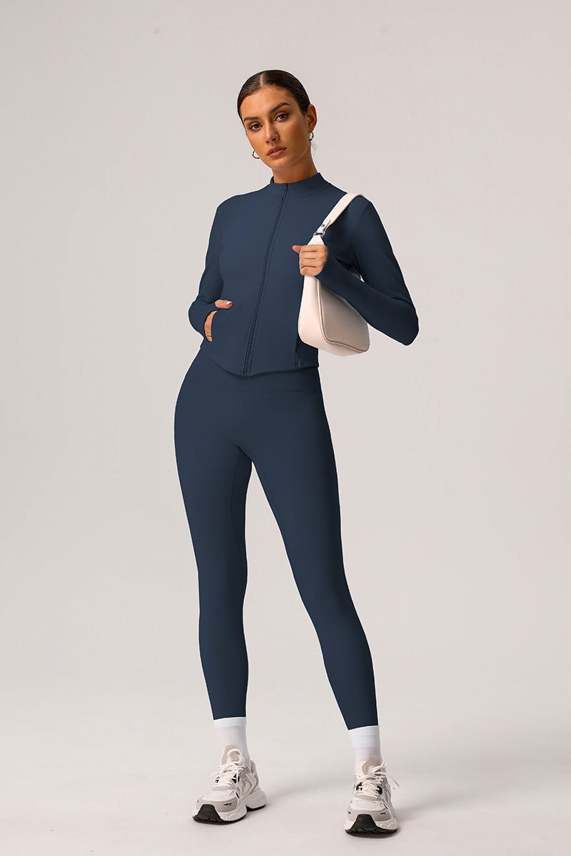 2 Pcs Set Solid Light Fleece Jacket + Belly Controlling Sports Leggings