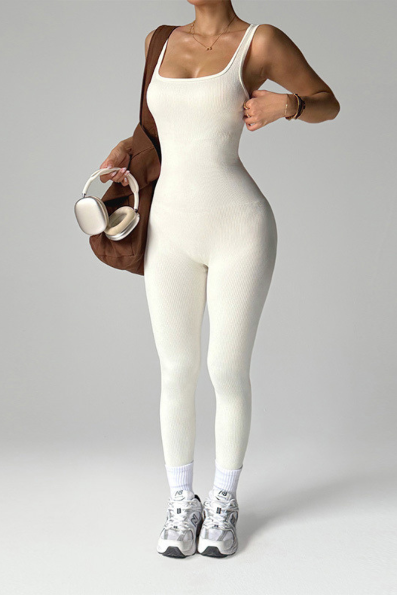 Women's Ribbed Square-Neck Strap Workout Jumpsuit