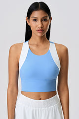 Women Color Block Short Built-In Bra Sculpting Cross Back Yoga Sports Bra