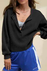 Women's Fall Waffle Half Button V‑Neck Loose Sweatshirt