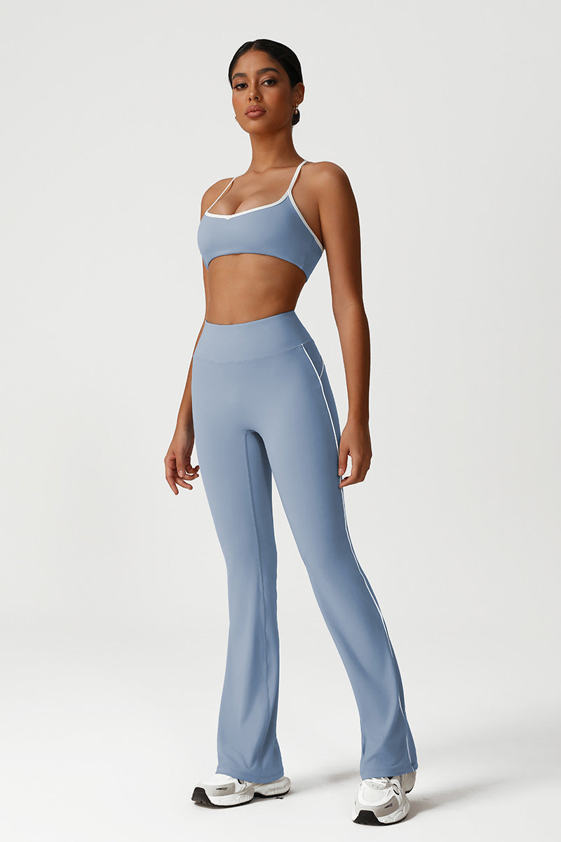 Women Seamless High Waisted Flared Yoga Set: Cross Back Sports Bra + Flared Leggings