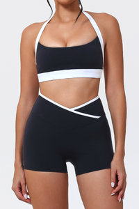 Women's Color-Block Halter Sports Bra & Cross-Waist Shorts Set
