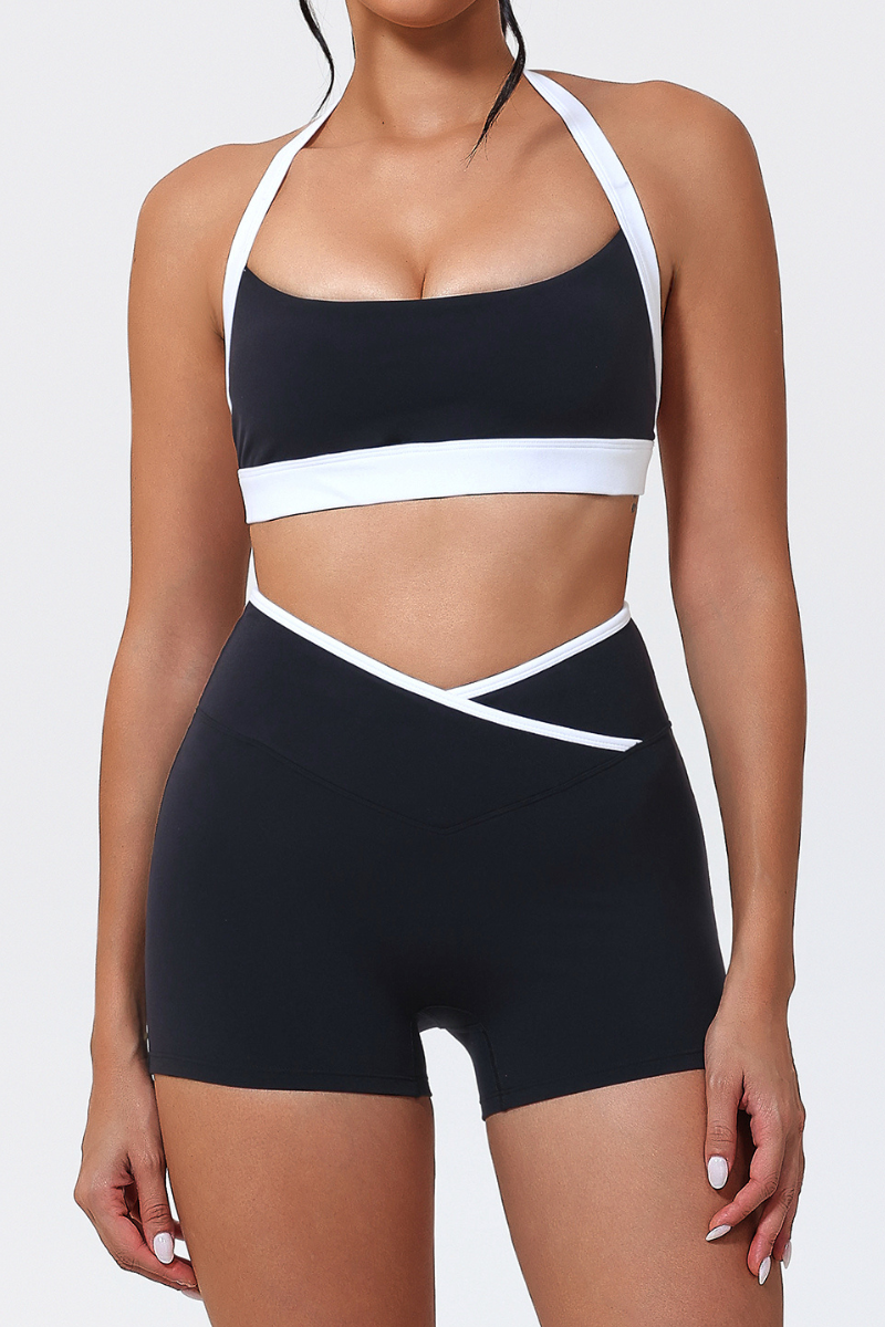 Women's Color-Block Halter Sports Bra & Cross-Waist Shorts Set