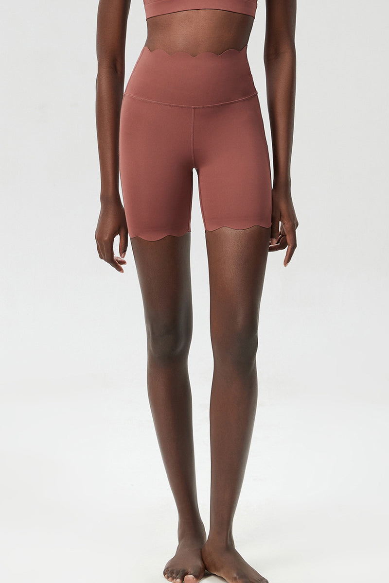 Women Wave-Edged High-Waist Quick-Dry Tight-Fit Yoga Cycling Mid-Length Sports Shorts