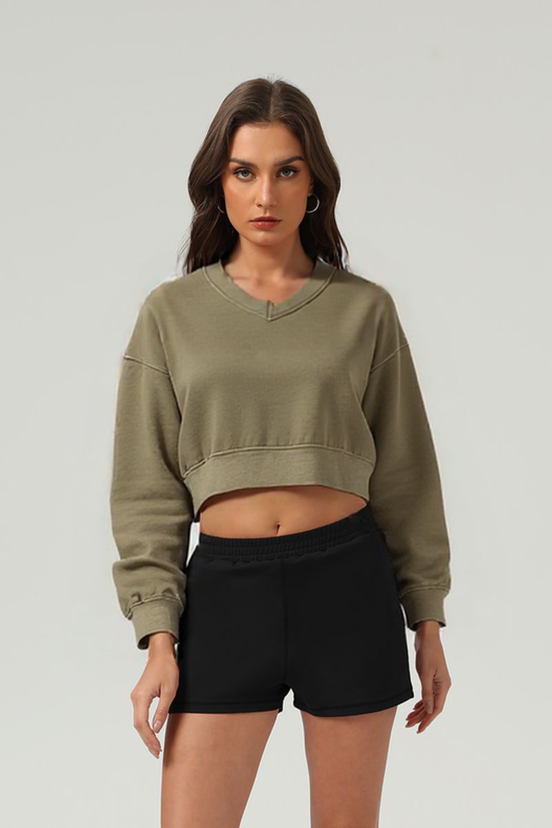 Women's washed velvet V-neck cropped sweatshirt