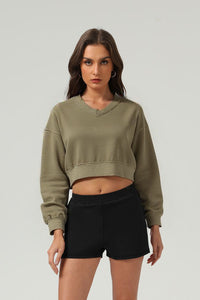 Women's washed velvet V-neck cropped sweatshirt
