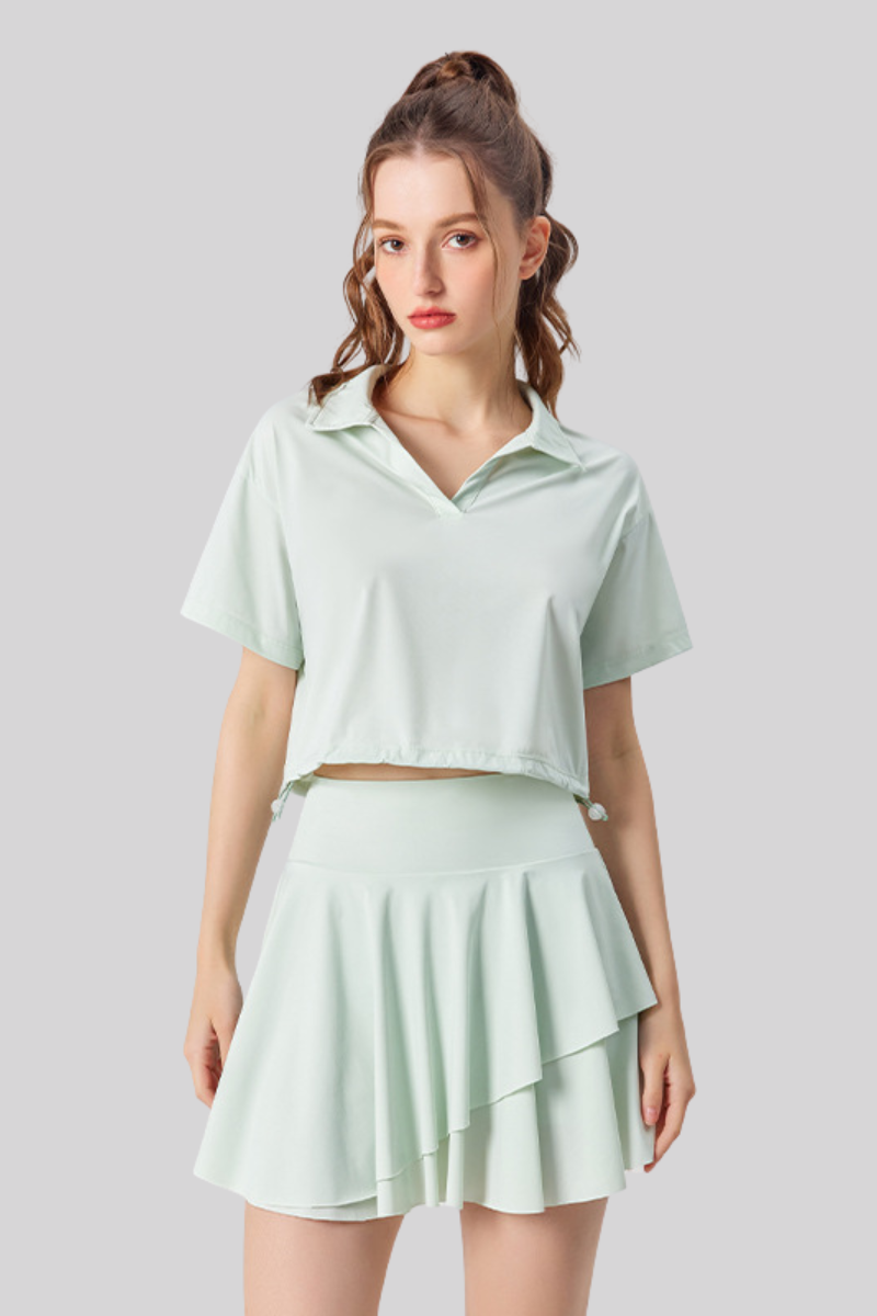 Women's Tennis Sets:Polo Collar Cropped Tee & Skirt