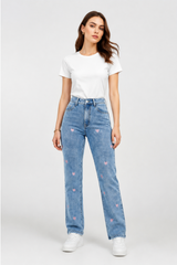 Women's Pink Heart Embroidered Straight Leg Jeans