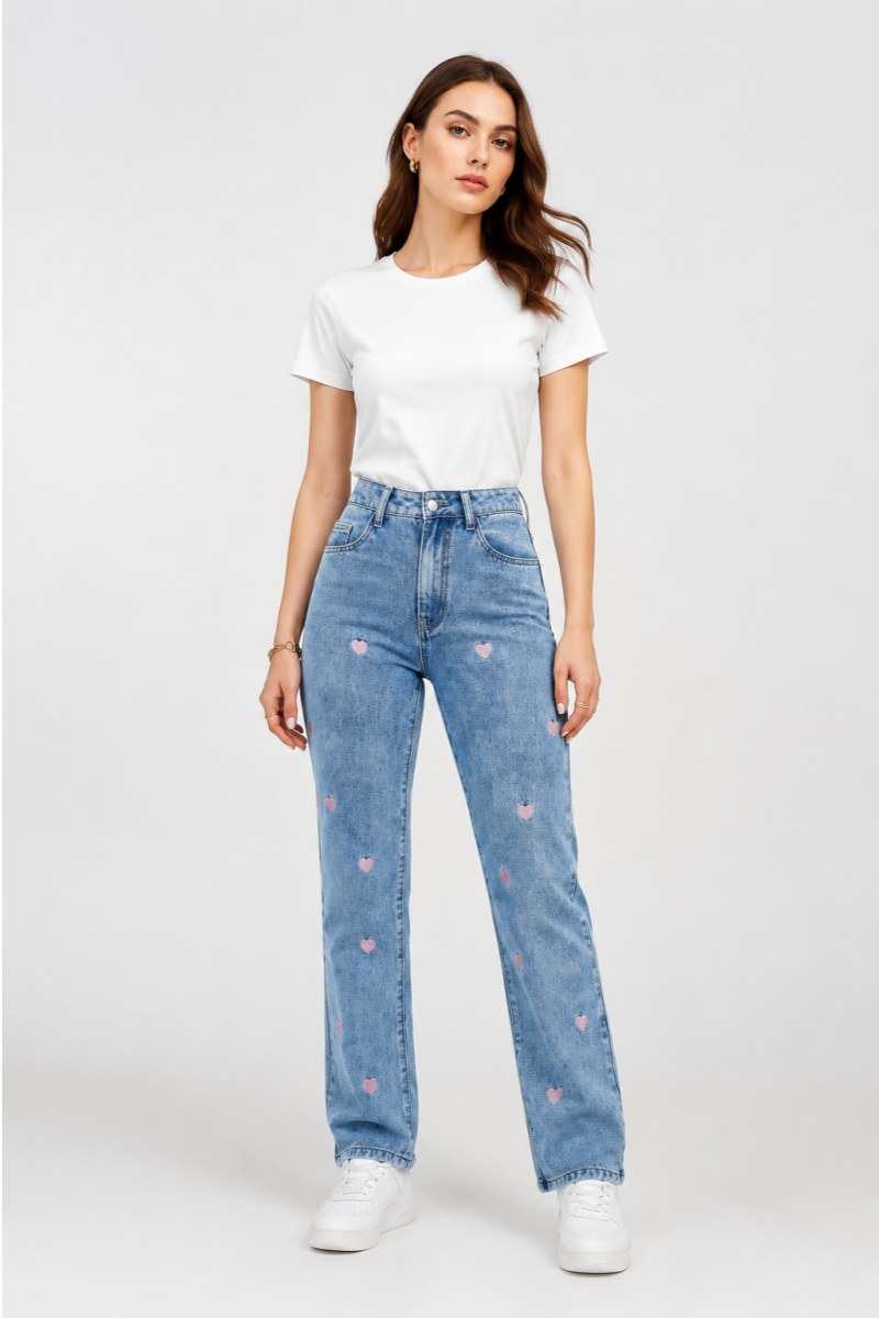 Women's Pink Heart Embroidered Straight Leg Jeans
