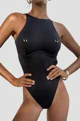 Women's Metal Ring Halter Suit - High Cut Solid One Piece