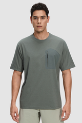 Men's Summer Round-Neck Zipper-Pocket Solid Sports Tee