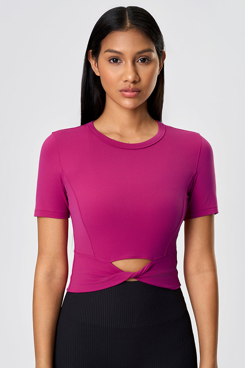 Women Summer Cropped Front-Twist Naked-Feel Yoga Sports T-Shirt