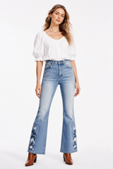 Women's High Waist Floral Embroidered Flare Jeans