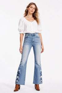 Women's High Waist Floral Embroidered Flare Jeans