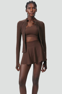 Women Single-Strap Tennis Sport Set: Wave-Hem Quick-Dry Lycroca Bra + Built-In Shorts Skort + Slim-Fit Zip-Training Jacket