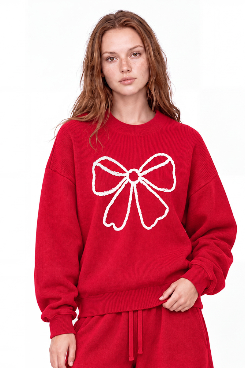 Women's Winter Christmas Color Block Bow Loose Knit Sweater
