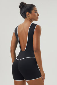 Women Color Contrast Backless Sport Jumpsuit