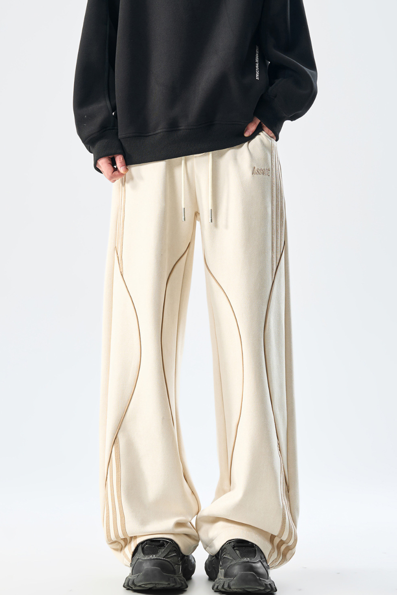 Men Curved-Line Striped Wide-Leg Casual Sweatpants.