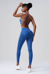 Women's Set:Cross Back Bra& Cargo Pocket Sports Leggings