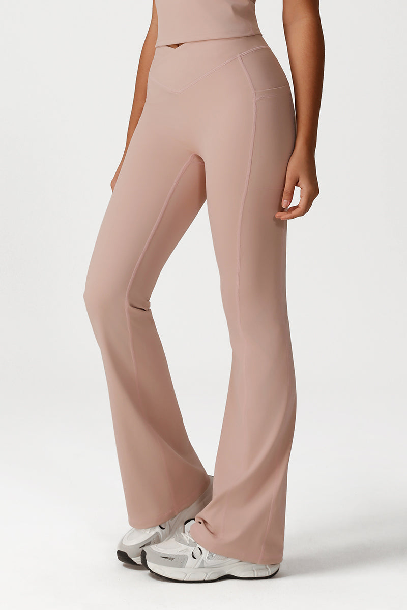 Women Cross Waist Flared Yoga Pants with Side Pocket