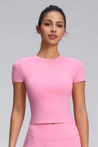 Women's Summer Solid Slim Fitted Cropped Athletic Yoga Tee