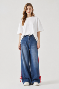 Women's High Waist Wide Leg Jeans with Red Side Stripe