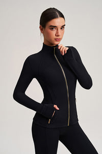 Women Stand Collar Gold Zipper Slim Fit Yoga Jacket Running Workout Top