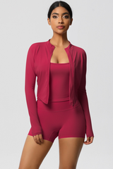 Women Tight Yoga Set:Brushed Sports Bra+ Zip Jacket + Shorts