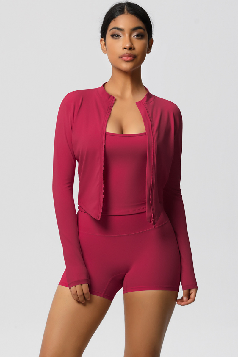 Women Tight Yoga Set:Brushed Sports Bra+ Zip Jacket + Shorts