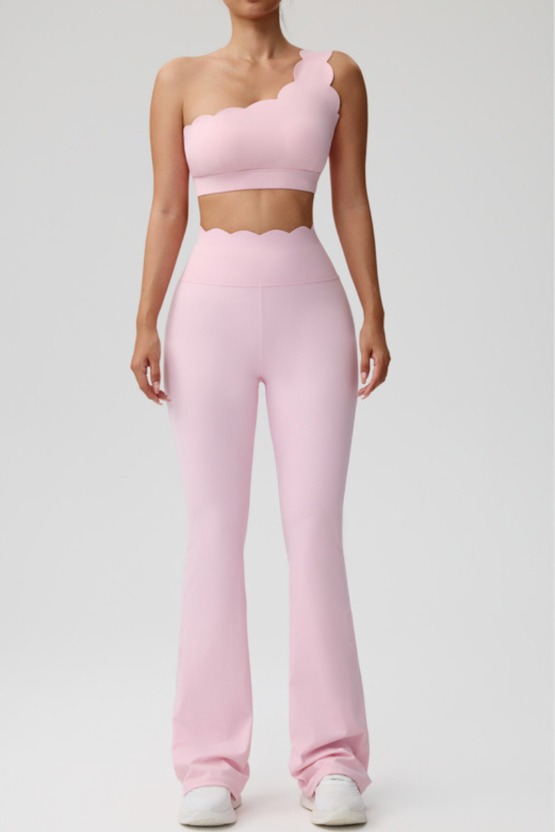 Women's Scalloped One Shoulder Bra & Flared Yoga Pants Set