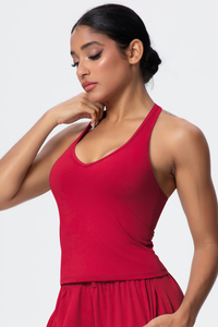 Women’s Brushed-Fabric V-Neck Halter Spaghetti-Strap Open-Back Sports Tank