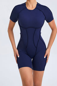Women One-Piece Tight Short-Sleeved Hollow Back Stereo Beauty Fitness Yoga Sports Jumpsuit