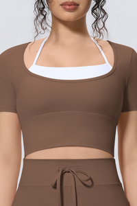 Women Athletic Fake Two Color Block Cropped Halter T-shirt