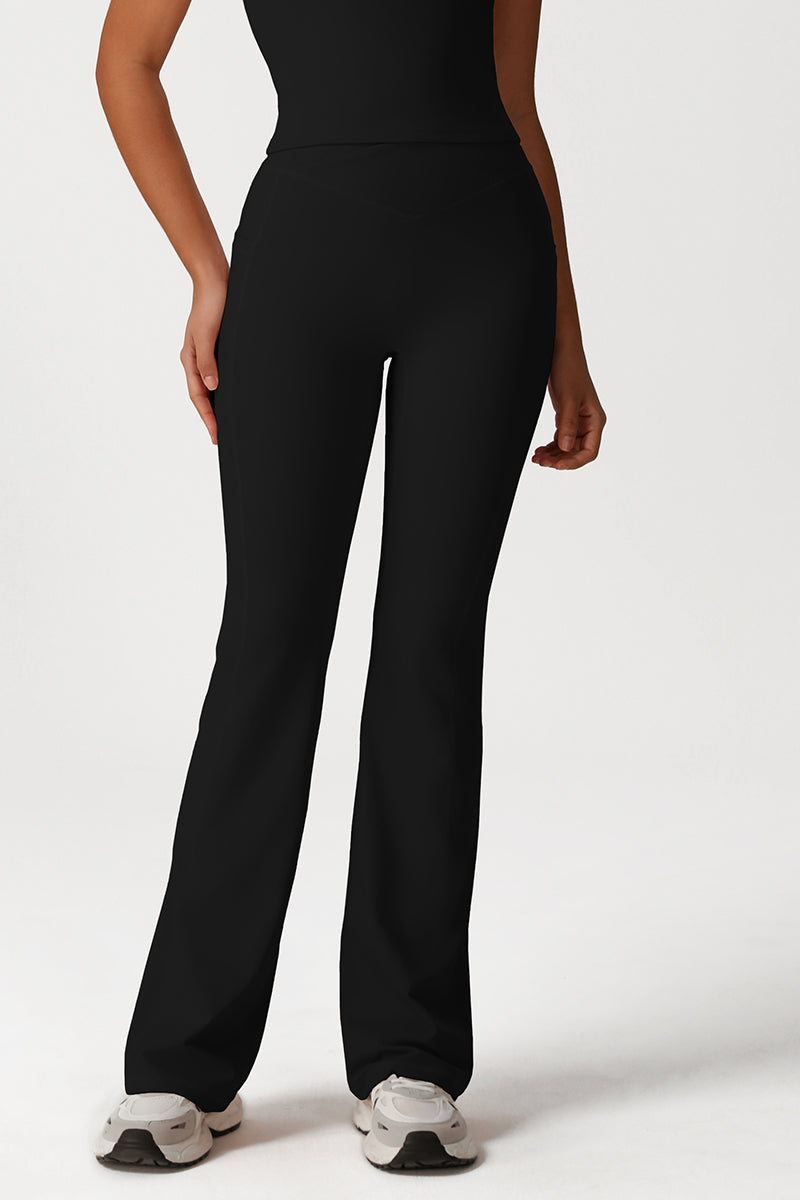 Women Cross Waist Flared Yoga Pants with Side Pocket
