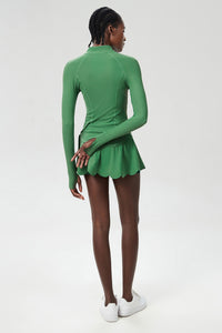 Women Single-Strap Tennis Sport Set: Wave-Hem Quick-Dry Lycroca Bra + Built-In Shorts Skort + Slim-Fit Zip-Training Jacket