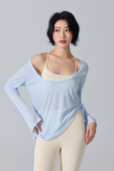 Women's Wide U-Neck Side Drawstring Sheer Long Sleeve Yoga Cover-Up
