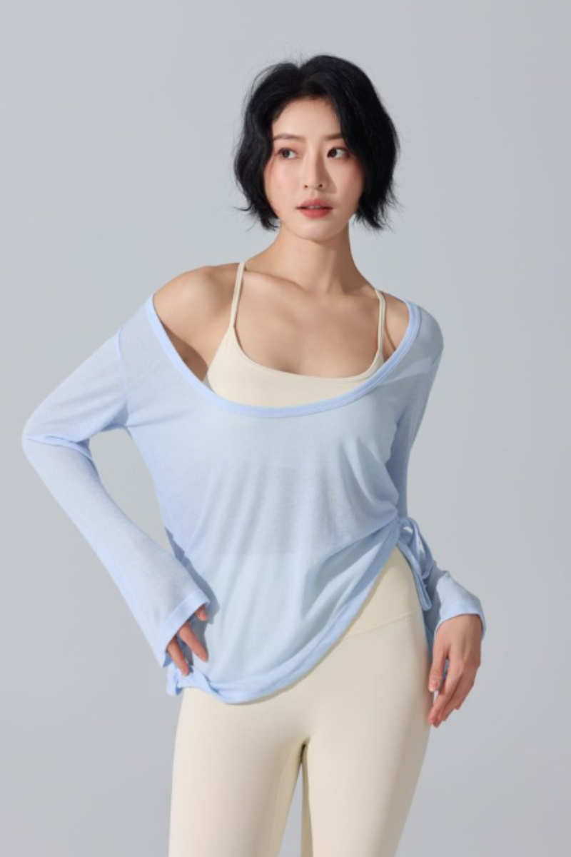 Women's Wide U-Neck Side Drawstring Sheer Long Sleeve Yoga Cover-Up