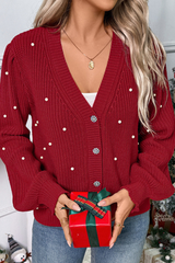 Pearled-decorated knitted cardigan