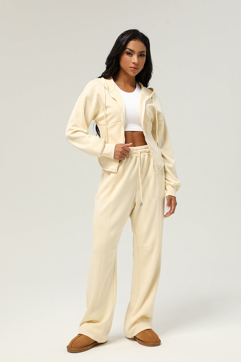 2 Pcs Set Zippered Jacket Hooded Casual Cardigan Jacket + High Waist Drawstringwide Leg Pants