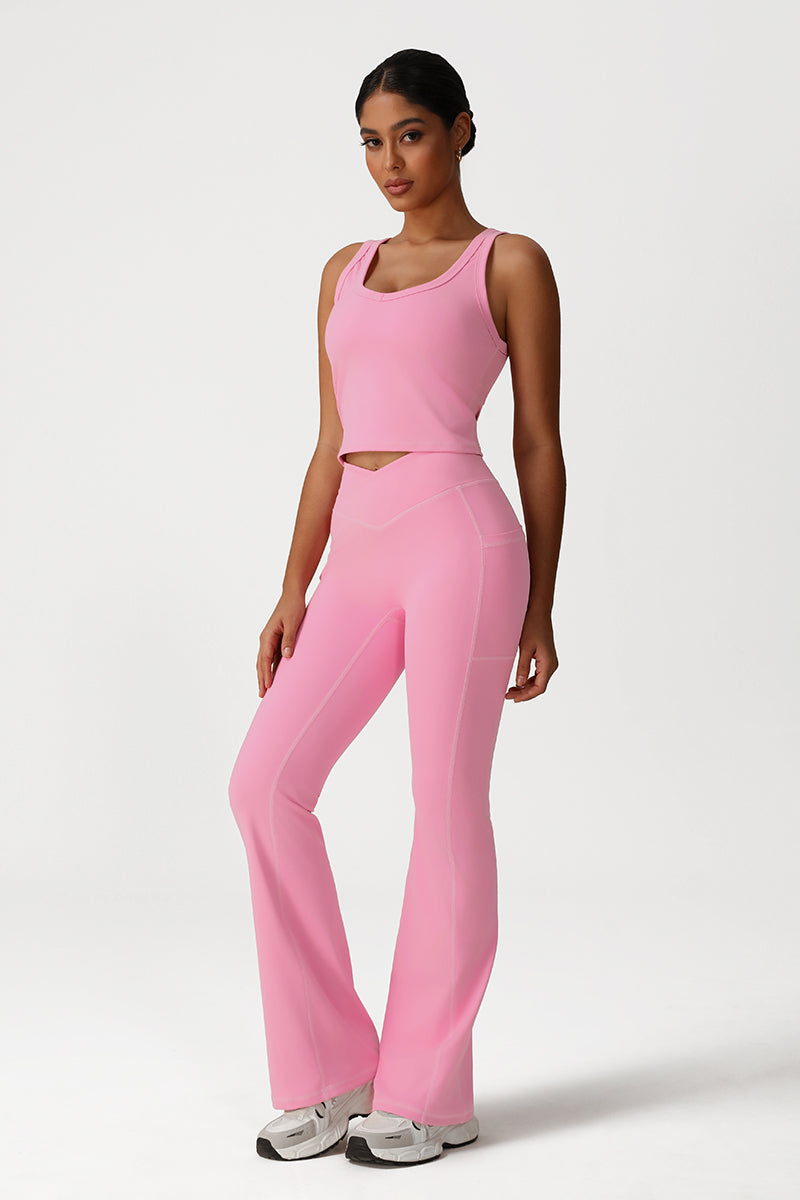 Women Naked Feel Yoga Set: V-Neck Tank + Flared Pants