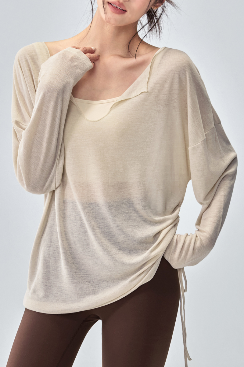 Women's Sheer Notched V-Neck Drawstring Yoga Long Sleeve Top