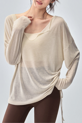 Women's Sheer Notched V-Neck Drawstring Yoga Long Sleeve Top