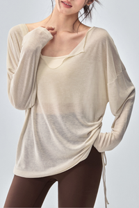 Women's Sheer Notched V-Neck Drawstring Yoga Long Sleeve Top