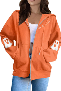 Women Halloween Ghost Print Zip Up Hoodie