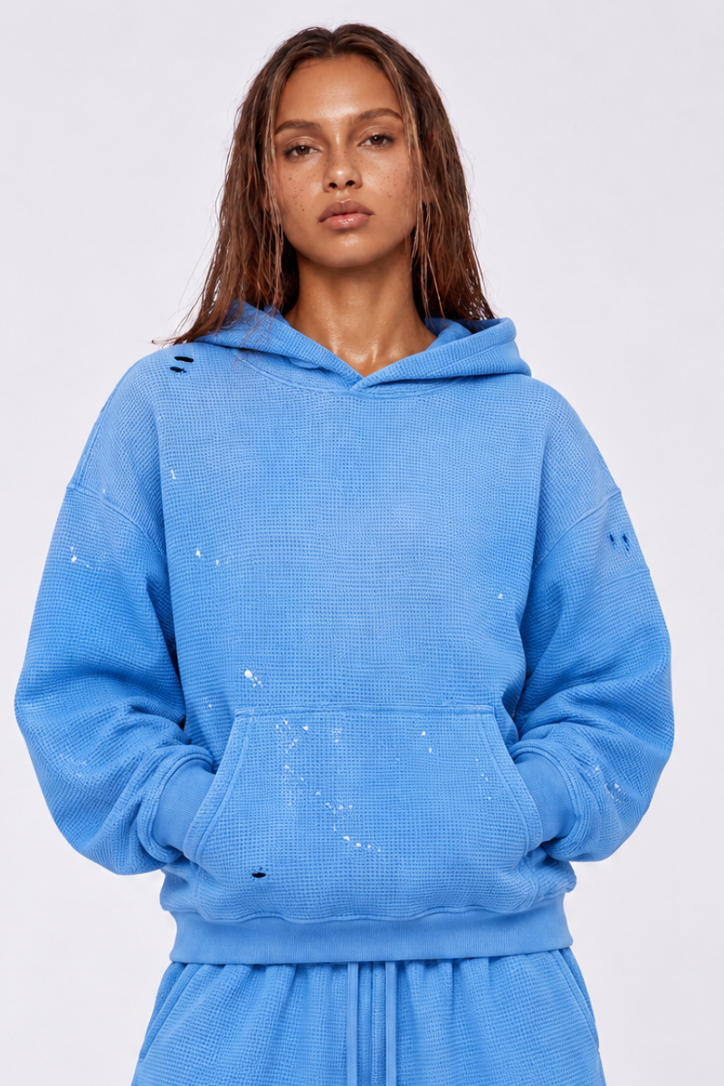 Women's Streetwear Washed Paint Splatter Waffle Hoodie