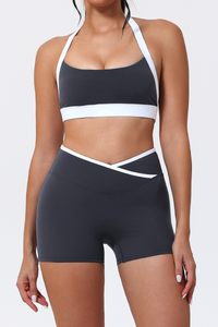 Women's Color-Block Halter Sports Bra & Cross-Waist Shorts Set